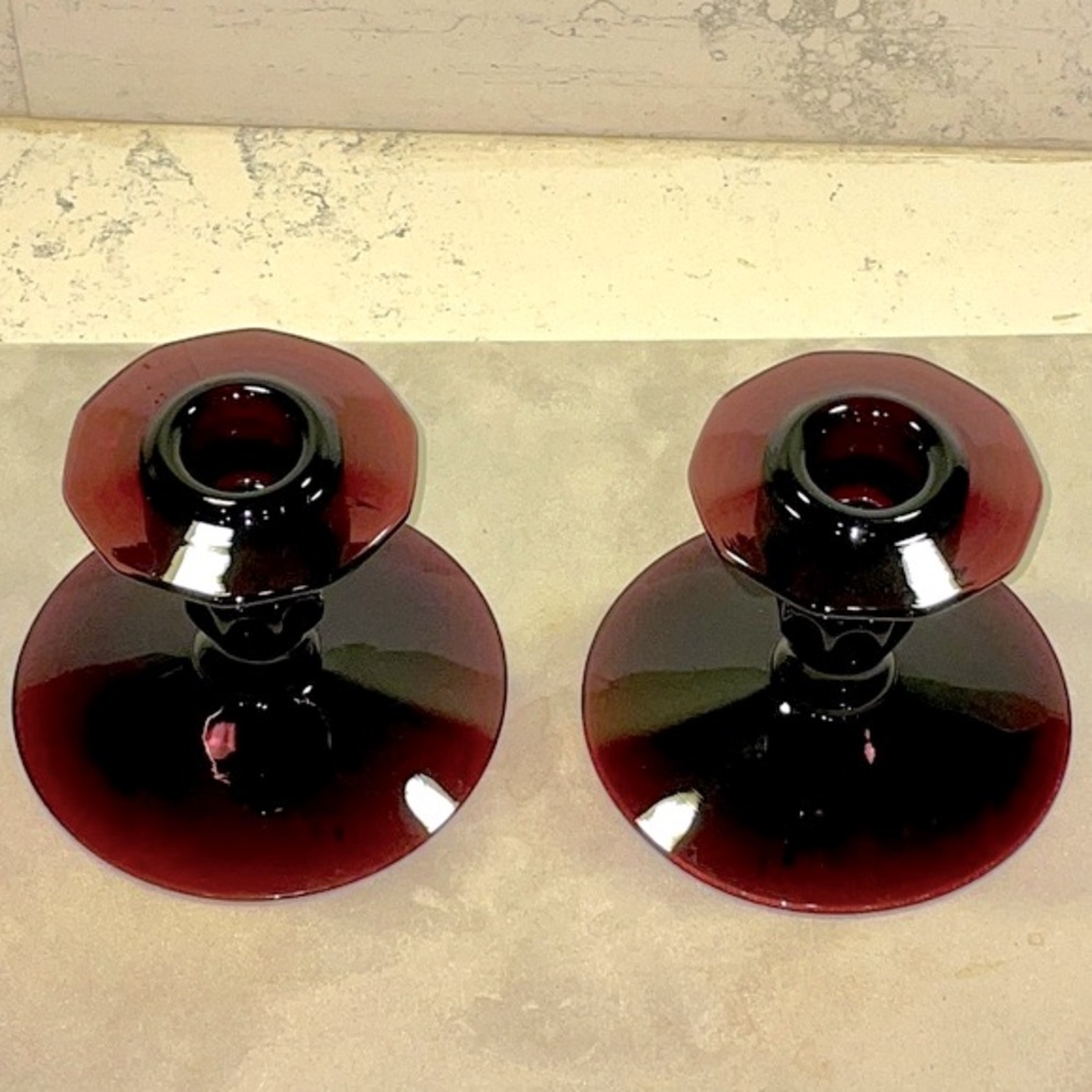 Pair of 2 Black Amethyst Candlestick Holders Decagon Pattern Excellent Condition - Picture 5 of 9